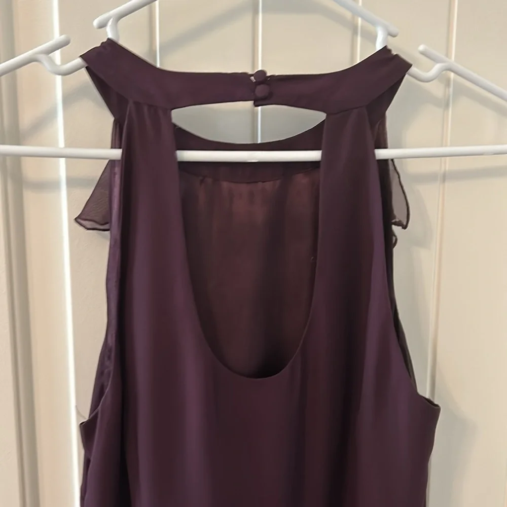 Women deep purple front ruffled dress w/bottom pleats. - Picture 5 of 8